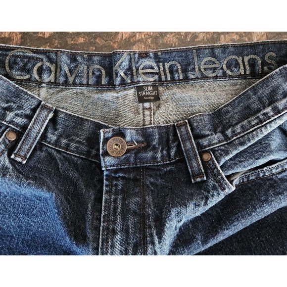 Calvin Klein Jeans Mens Size 34 x 32 Slim Straight Leg Blue Denim Low Rise Pants - Picture 5 of 11